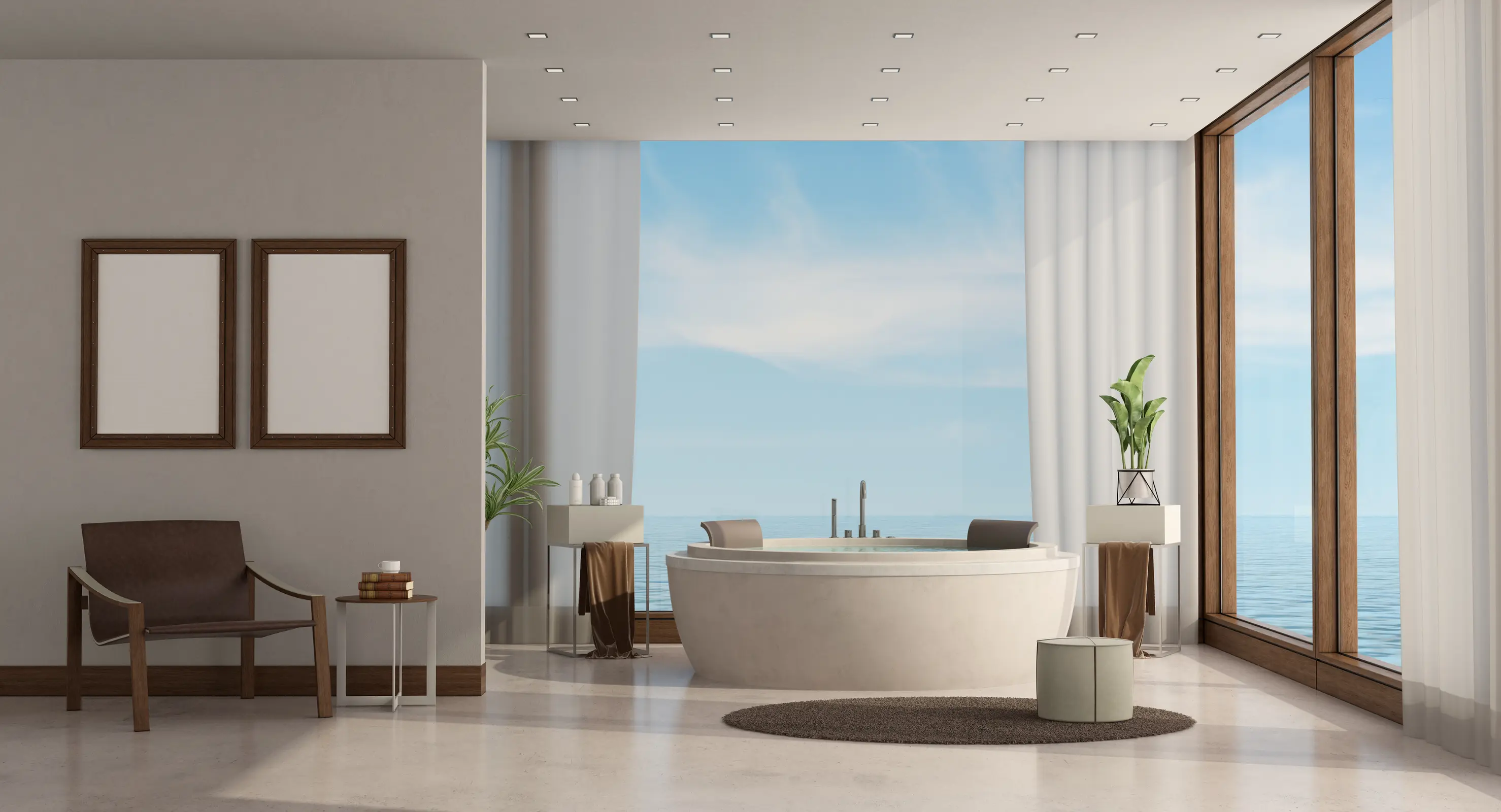 Light-filled interior with a view over the water