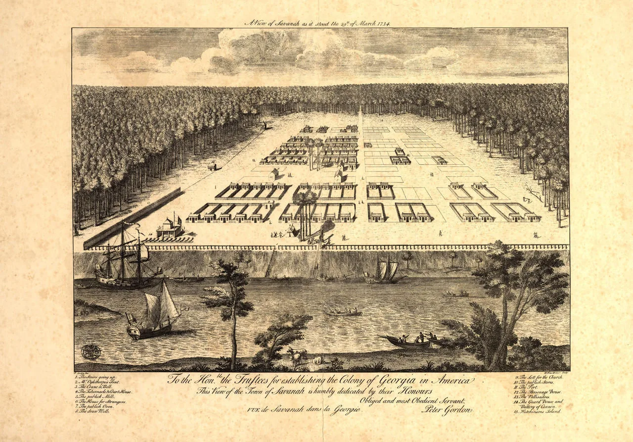 Peter Gordon's engraving "A View of Savanah as it stood the 29th of March 1734": Oglethorpe's grid of wards and identical rows of houses carved out of pine forest on the bluff, with sailing ships on the Savannah River below.